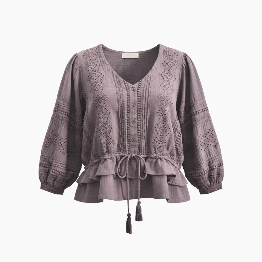 Lucky Brand Boho Charcoal Gray Cotton Eyelet Button Up 3/4 Sleeve Boho Top S
